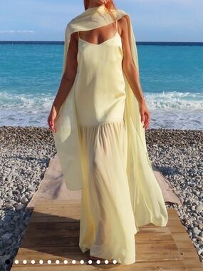 Show Me Your Mumu Dalia Maxi Dress &Neck Scarf Size XXS - Pale Yellow Luxe Satin